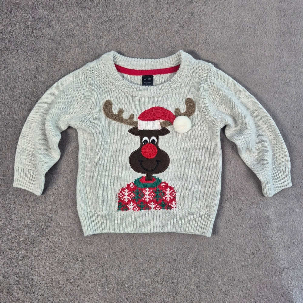 George Baby 6-12M Reindeer Christmas Sweater Gray Red Holiday Knit Pullover